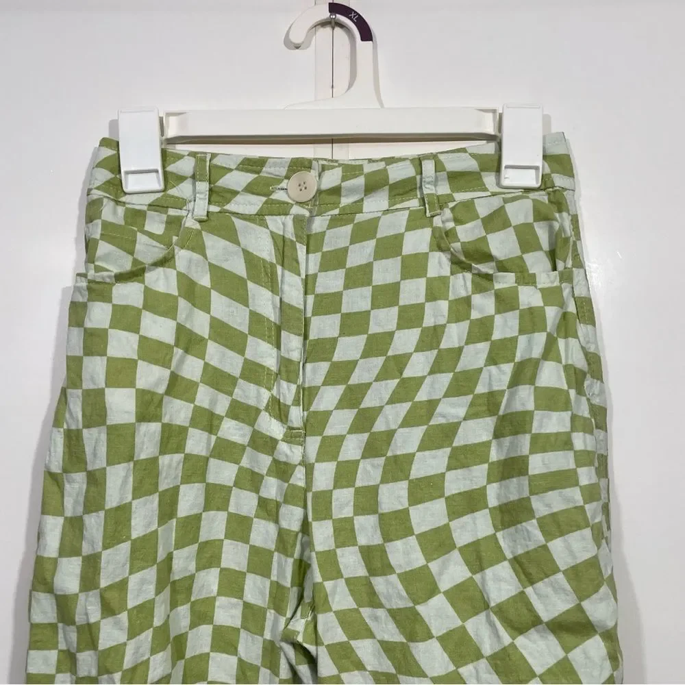 Zara High Waisted Checkered Straight Leg Linen Pants